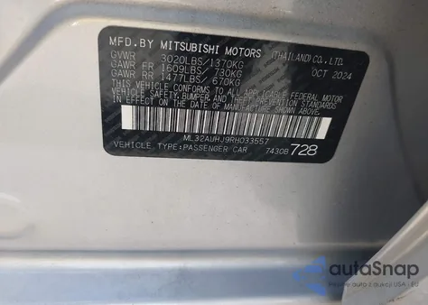2024 Mitsubishi Mirage Es/Le z USA, uszkodzony, nr VIN ML32AUHJ9RH033557